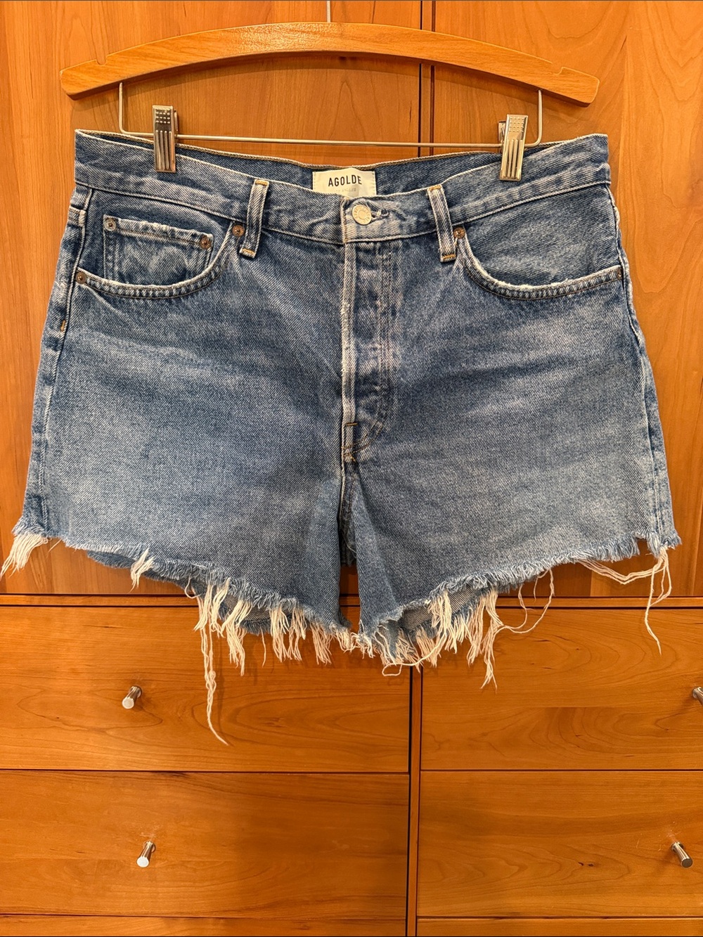 Agolde Light Blue High-Rise Distressed Denim Shorts